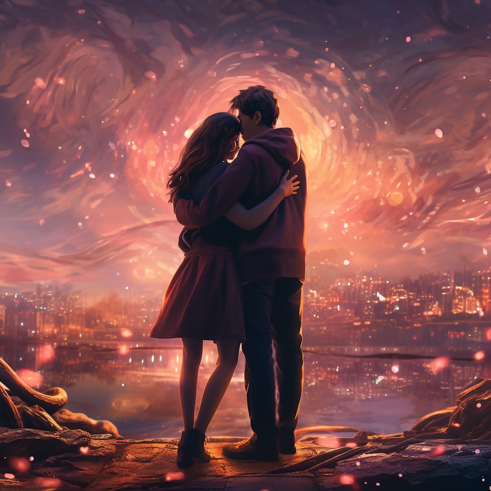 full shot couple hugging fantasy world scaled