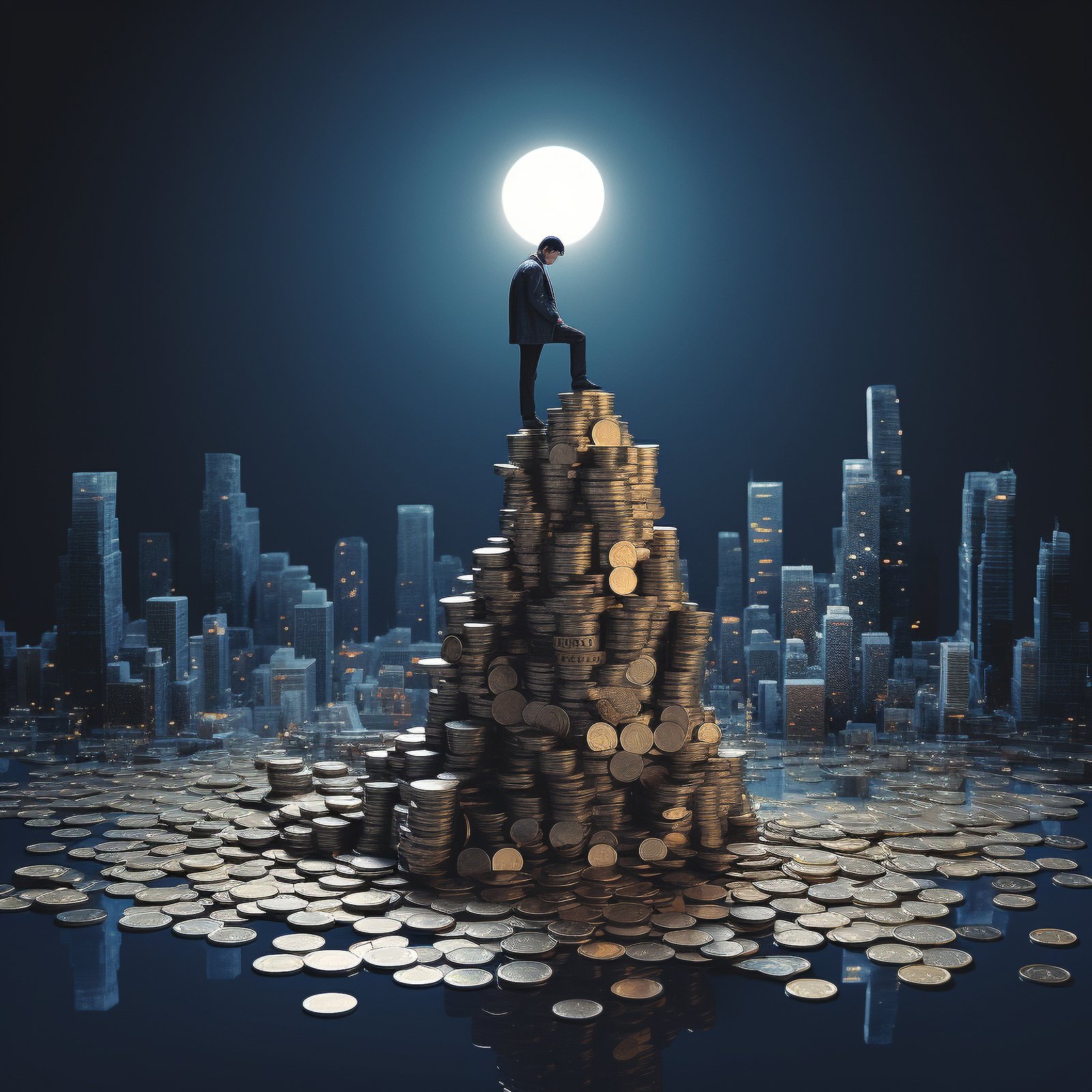 full shot man with coins