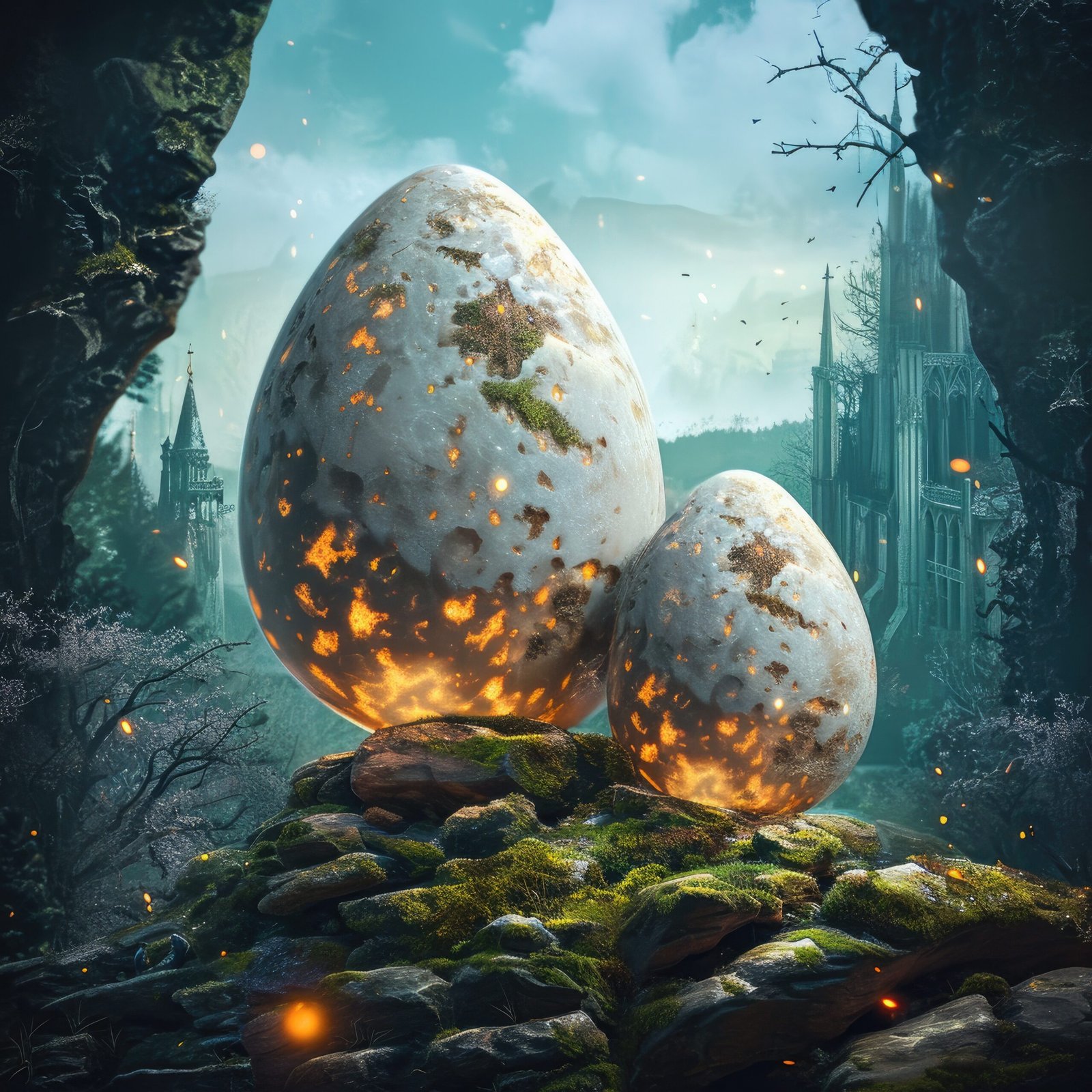 surreal easter eggs with fantasy world landscape scaled